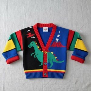 Vintage Little Funky Dinosaur Sweater Cardigan Bright Colorblock Knit Retro Boy